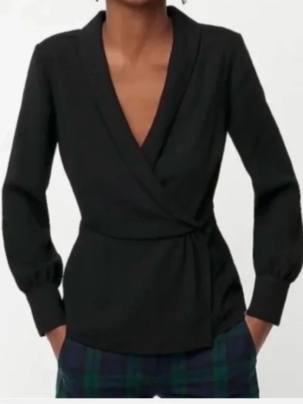 J Crew black drapey faux wrap top